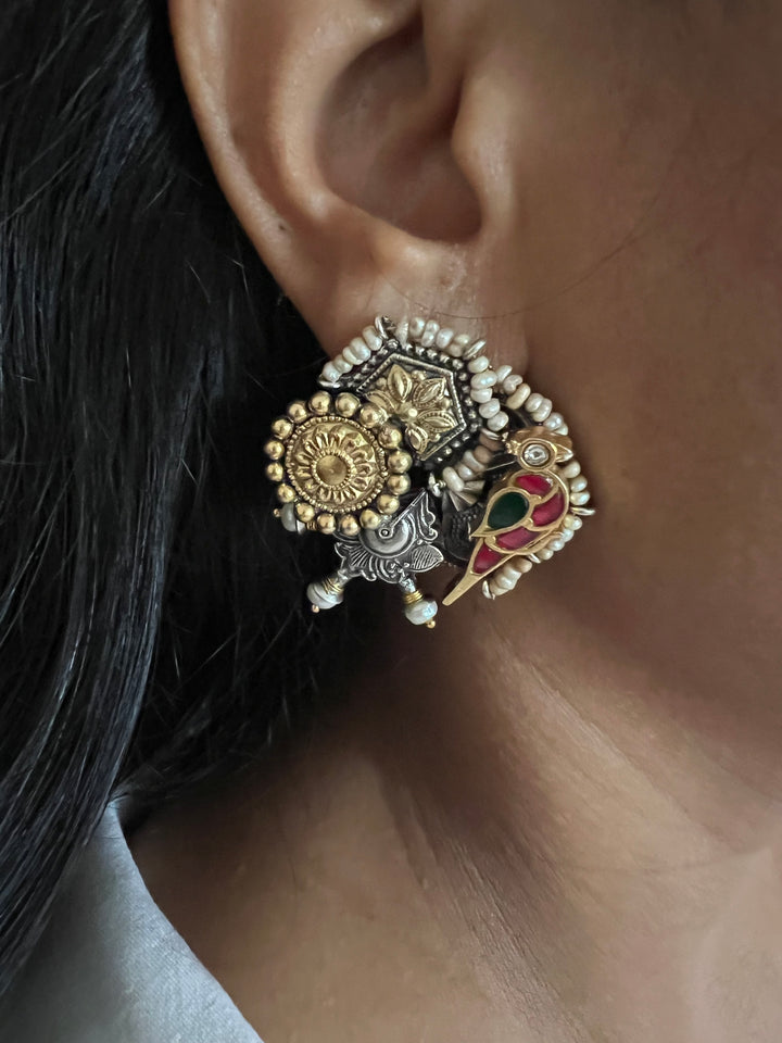 Beautiful Bird Kundan Embellishment 925 Silver Earrings with Dual-Tone Plating & Freshwater Pearls - Handmade