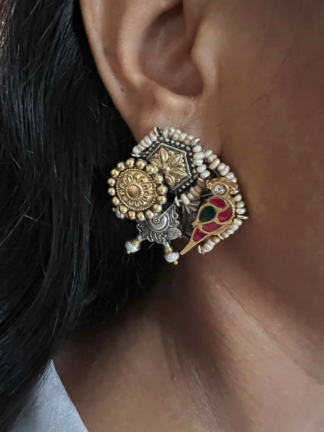Beautiful Bird Kundan Embellishment 925 Silver Earrings with Dual-Tone Plating & Freshwater Pearls - Handmade