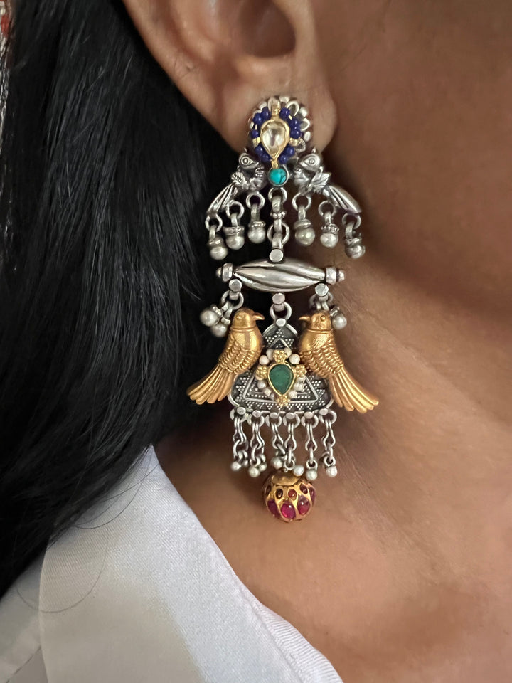Statement 925 Silver Earrings with Golden Bird Design & Kundan Work Ball Hanging - Handmade