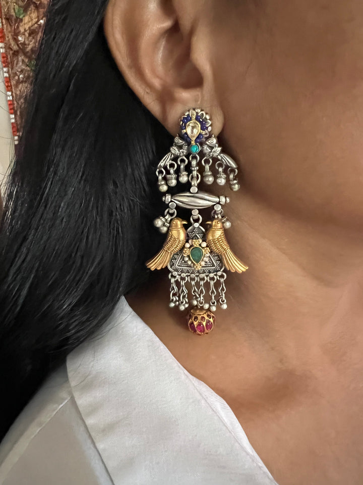 Statement 925 Silver Earrings with Golden Bird Design & Kundan Work Ball Hanging - Handmade