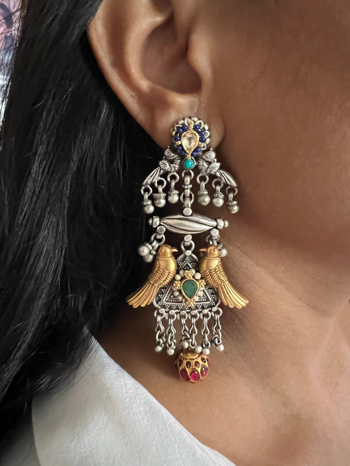 Statement 925 Silver Earrings with Golden Bird Design & Kundan Work Ball Hanging - Handmade