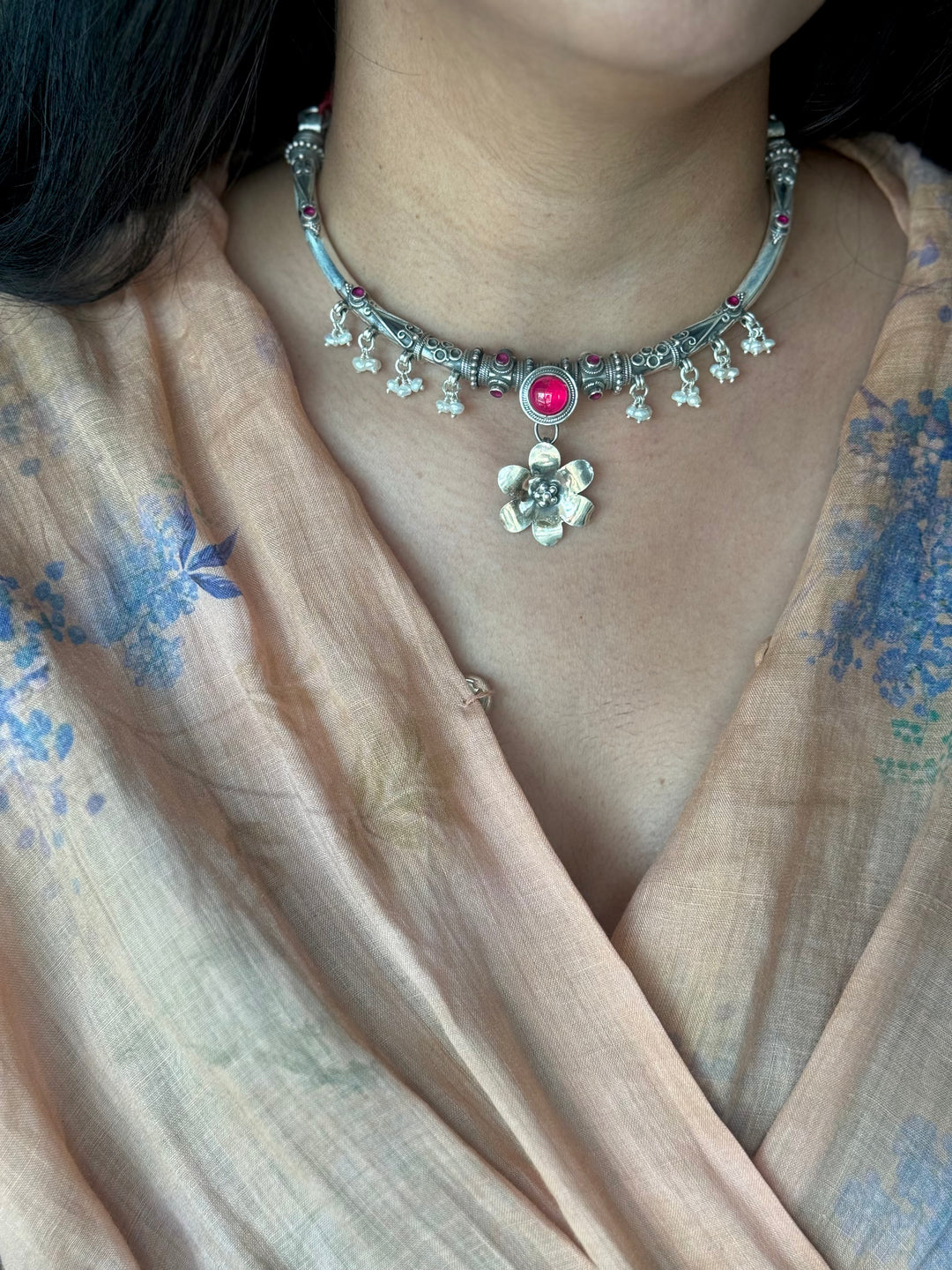 Handmade 925 Silver Flower Hasli Necklace Set | SHIVKA