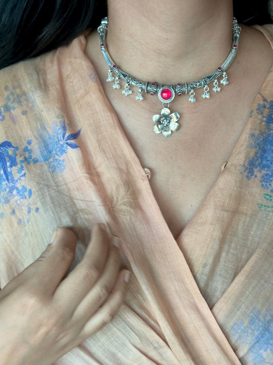 Handmade 925 Silver Flower Hasli Necklace Set | SHIVKA