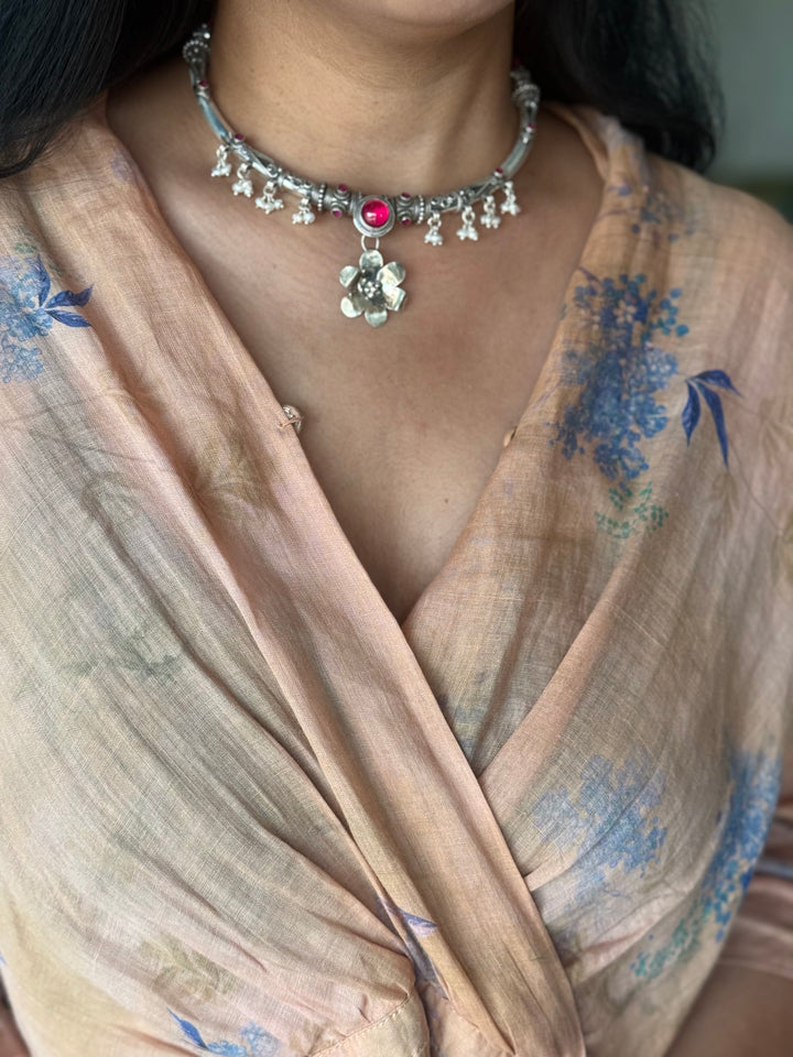 Handmade 925 Silver Flower Hasli Necklace Set | SHIVKA