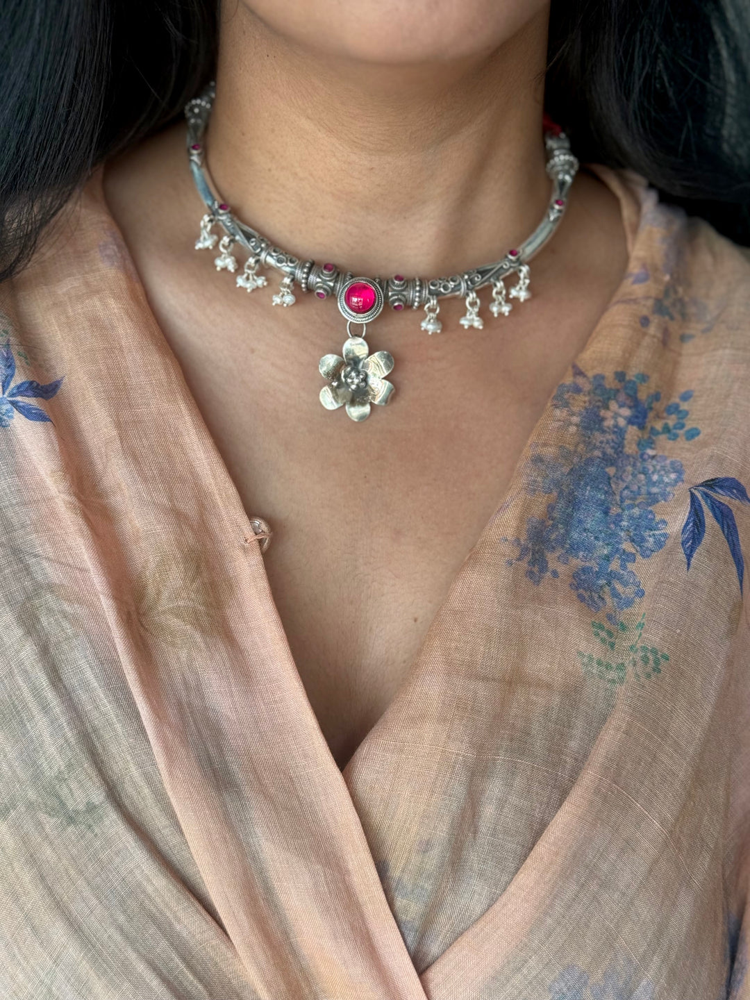 Handmade 925 Silver Flower Hasli Necklace Set | SHIVKA
