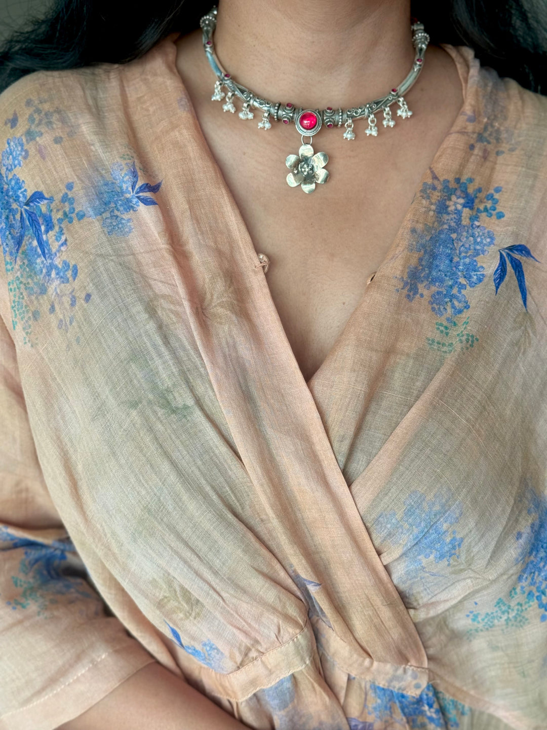 Handmade 925 Silver Flower Hasli Necklace Set | SHIVKA