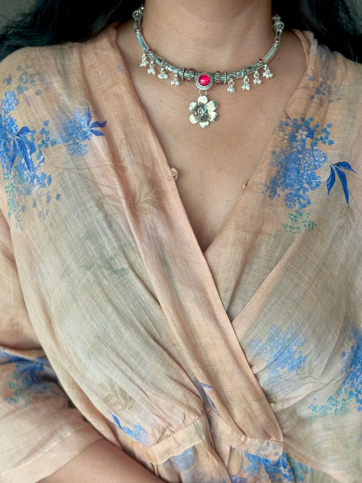 Handmade 925 Silver Flower Hasli Necklace Set | SHIVKA