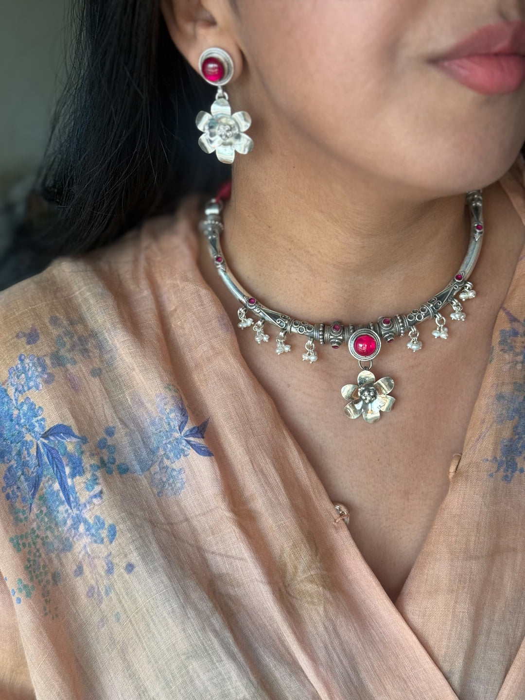 Handmade 925 Silver Flower Hasli Necklace Set | SHIVKA