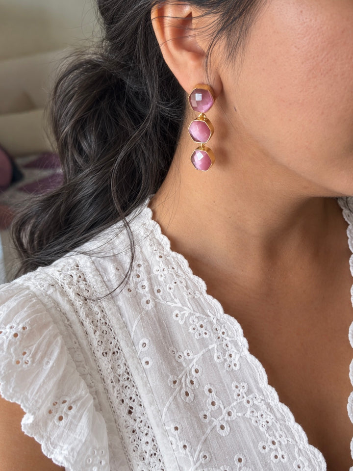 Pink Hydro Quartz Three Tier Drop Earrings