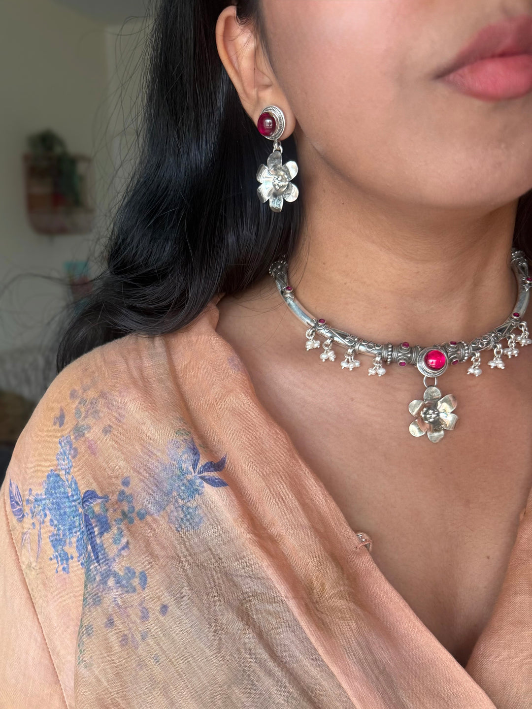 Handmade 925 Silver Flower Hasli Necklace Set | SHIVKA