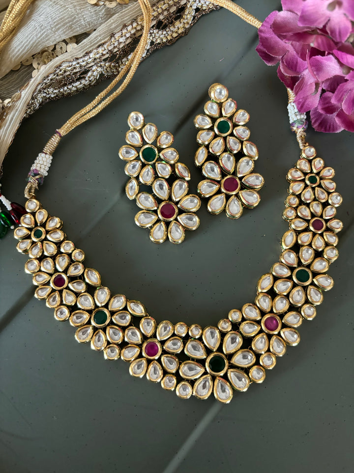 Multicoloured Classic Kundan Necklace with Earrings