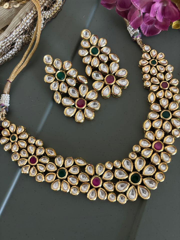 Multicoloured Classic Kundan Necklace with Earrings