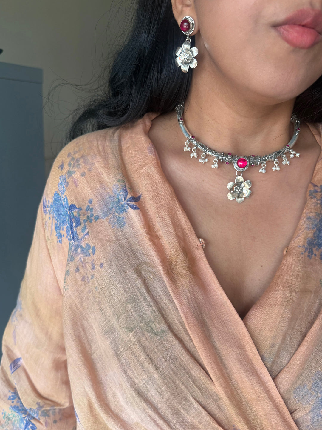 Handmade 925 Silver Flower Hasli Necklace Set | SHIVKA