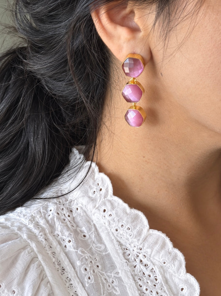 Pink Hydro Quartz Three Tier Drop Earrings