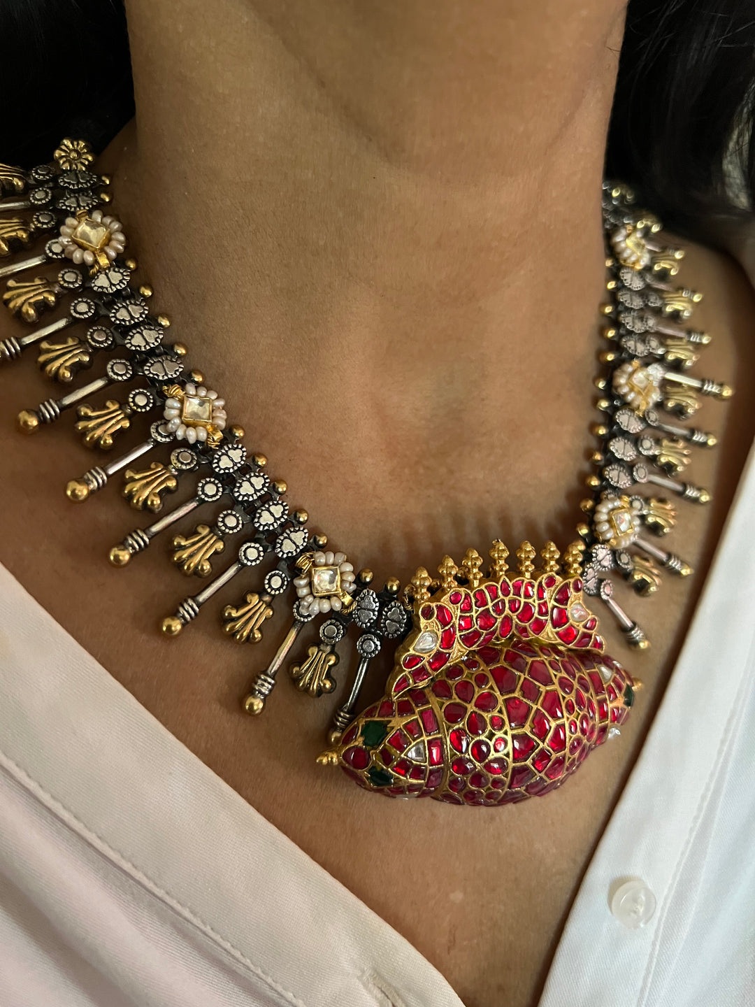 Beautiful Dholki Design Freshwater Pearls 925 Silver Necklace Set