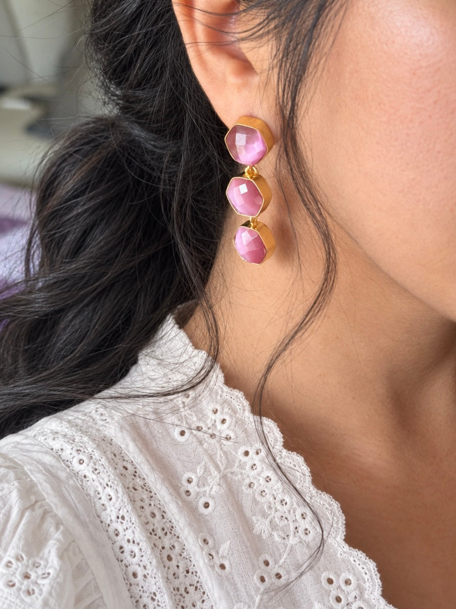 Pink Hydro Quartz Three Tier Drop Earrings