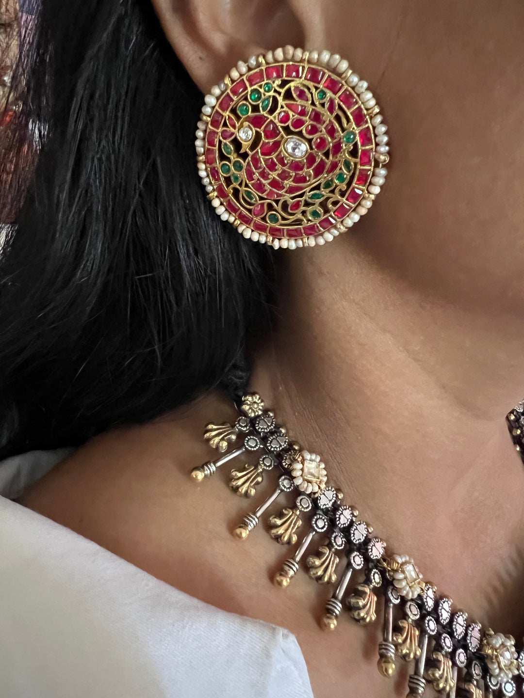 Beautiful Dholki Design Freshwater Pearls 925 Silver Necklace Set