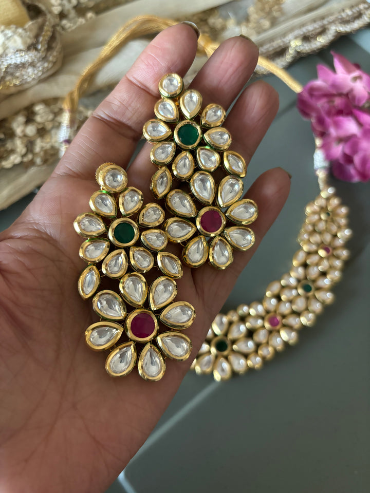 Multicoloured Classic Kundan Necklace with Earrings