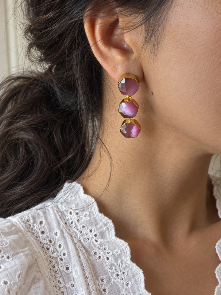 Pink Hydro Quartz Three Tier Drop Earrings