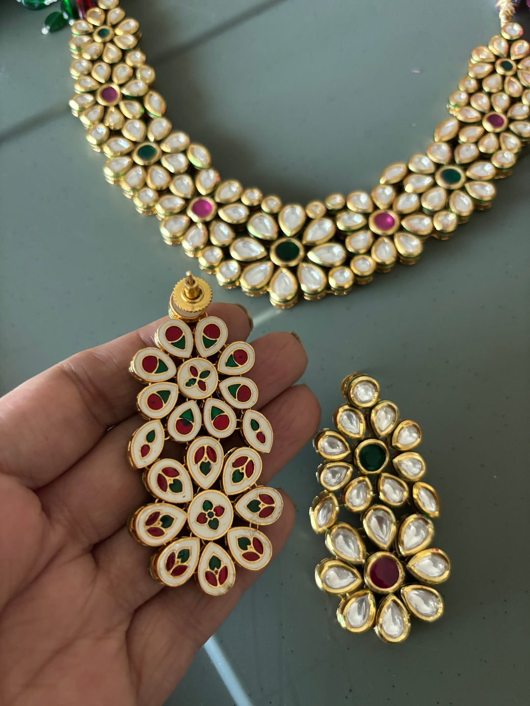 Multicoloured Classic Kundan Necklace with Earrings