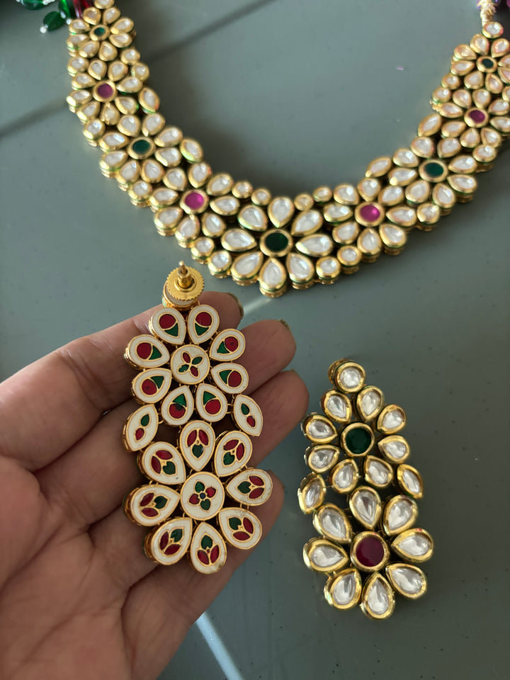 Multicoloured Classic Kundan Necklace with Earrings