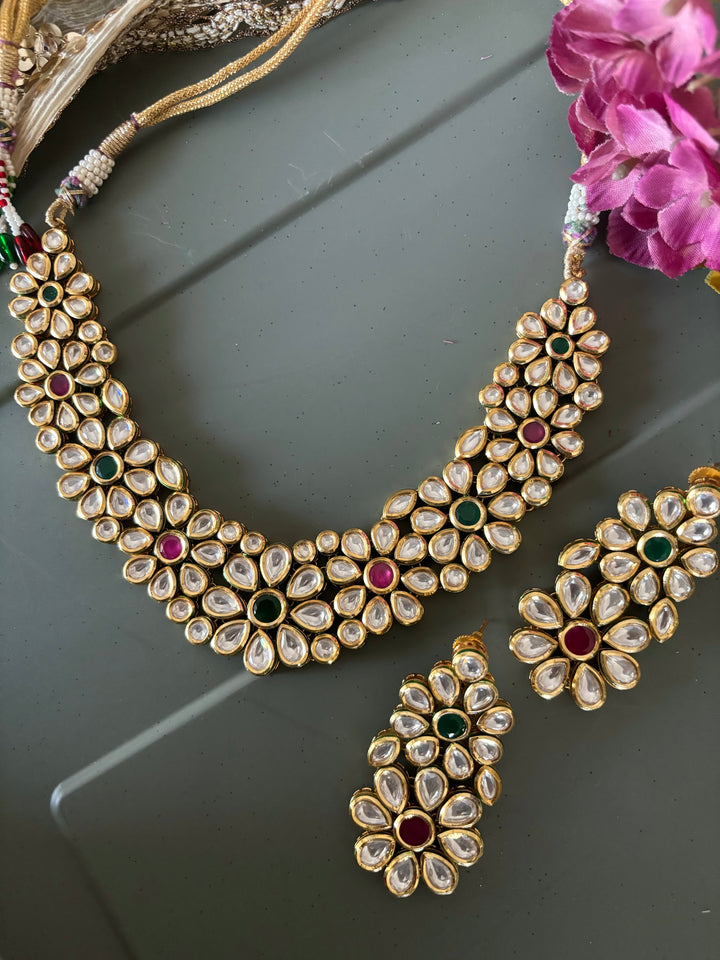 Multicoloured Classic Kundan Necklace with Earrings
