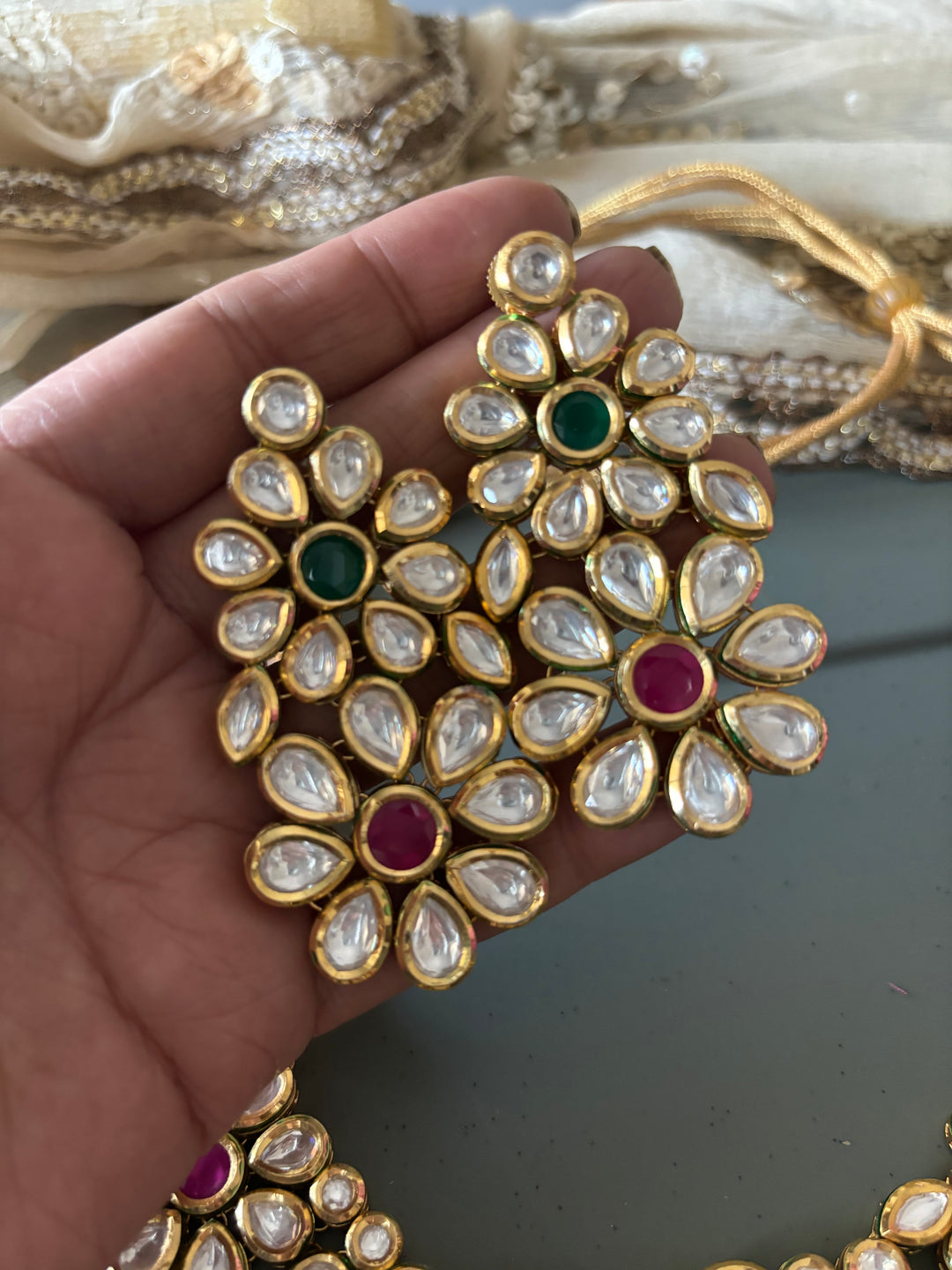 Multicoloured Classic Kundan Necklace with Earrings