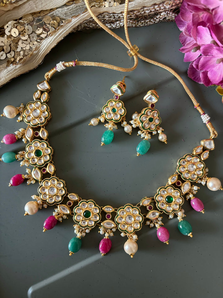Beautiful Multi coloured Kundan Necklace with Earrings
