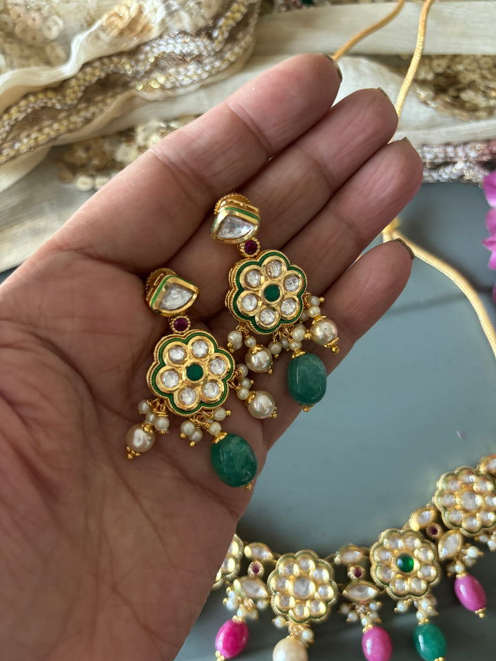 Beautiful Multi coloured Kundan Necklace with Earrings