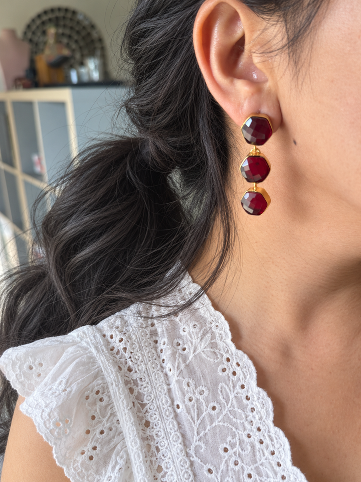 Garnet Hydro Quartz Three Tier Drop Earrings