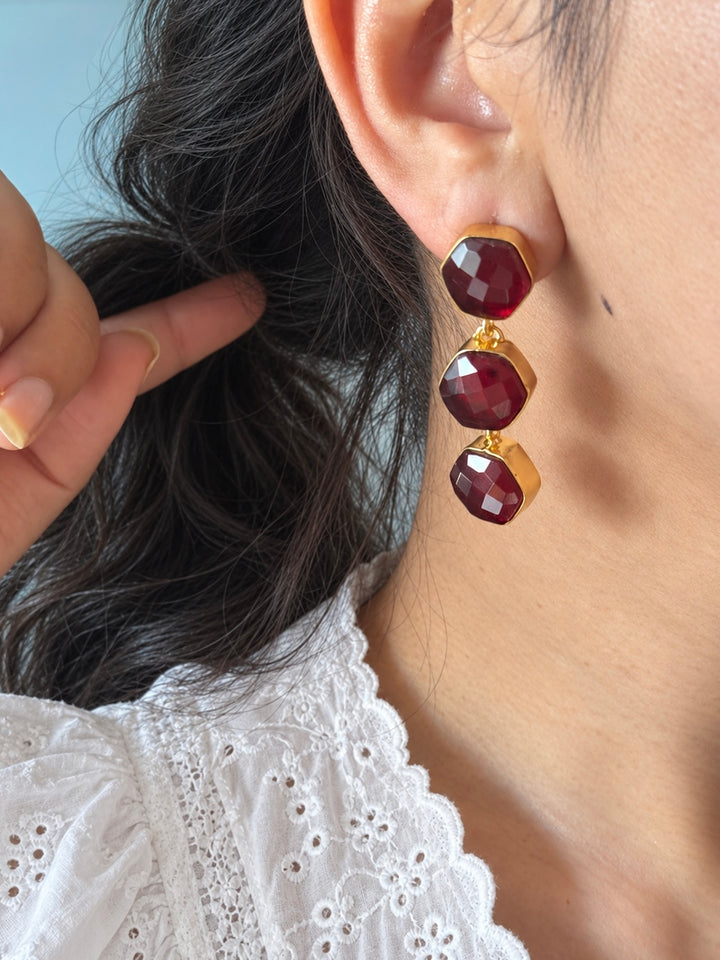 Garnet Hydro Quartz Three Tier Drop Earrings