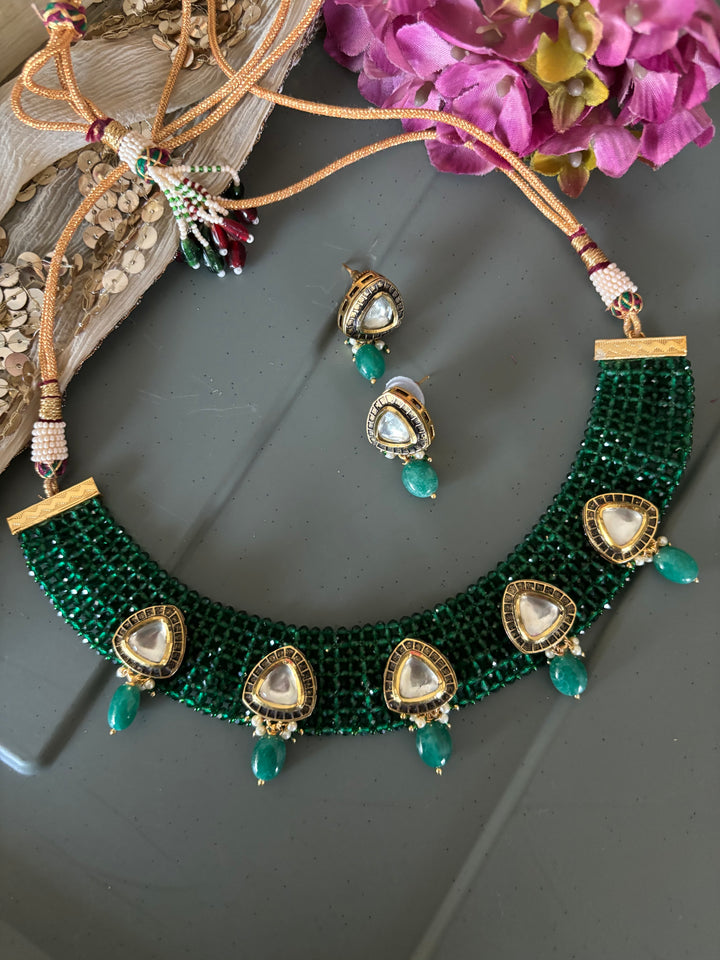 Green Kundan Chatai Necklace with Earrings