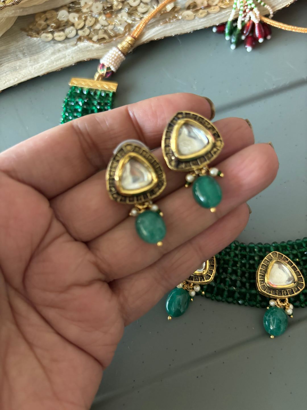 Green Kundan Chatai Necklace with Earrings
