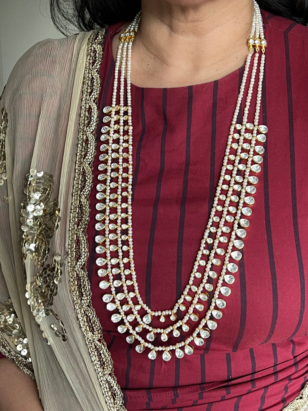 Three-Layered Kundan Freshwater Pearls 925 Silver Necklace