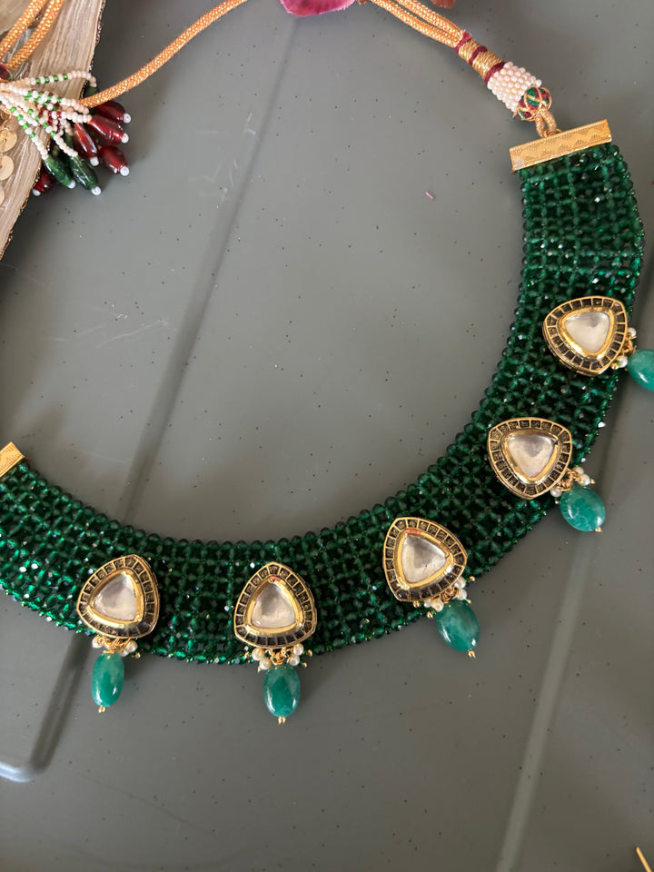 Green Kundan Chatai Necklace with Earrings