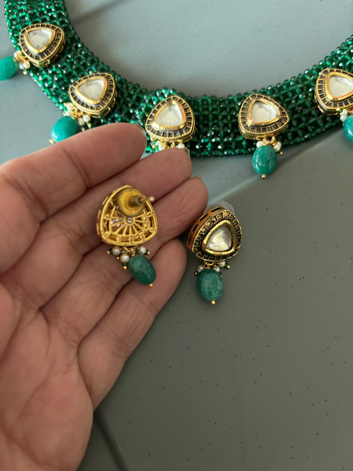 Green Kundan Chatai Necklace with Earrings