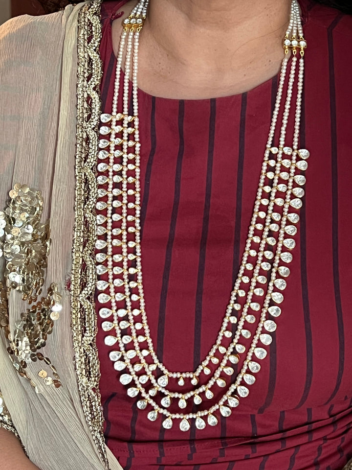 Three-Layered Kundan Freshwater Pearls 925 Silver Necklace
