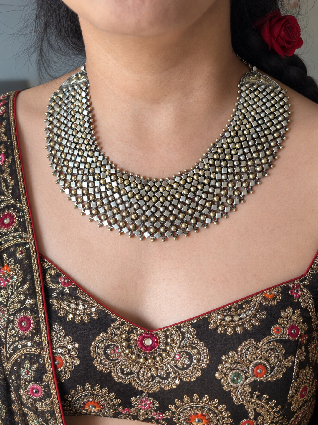 Dual Tone 925 Silver Tribal Maharani Necklace