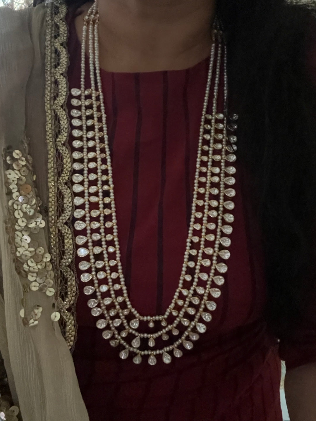 Three-Layered Kundan Freshwater Pearls 925 Silver Necklace