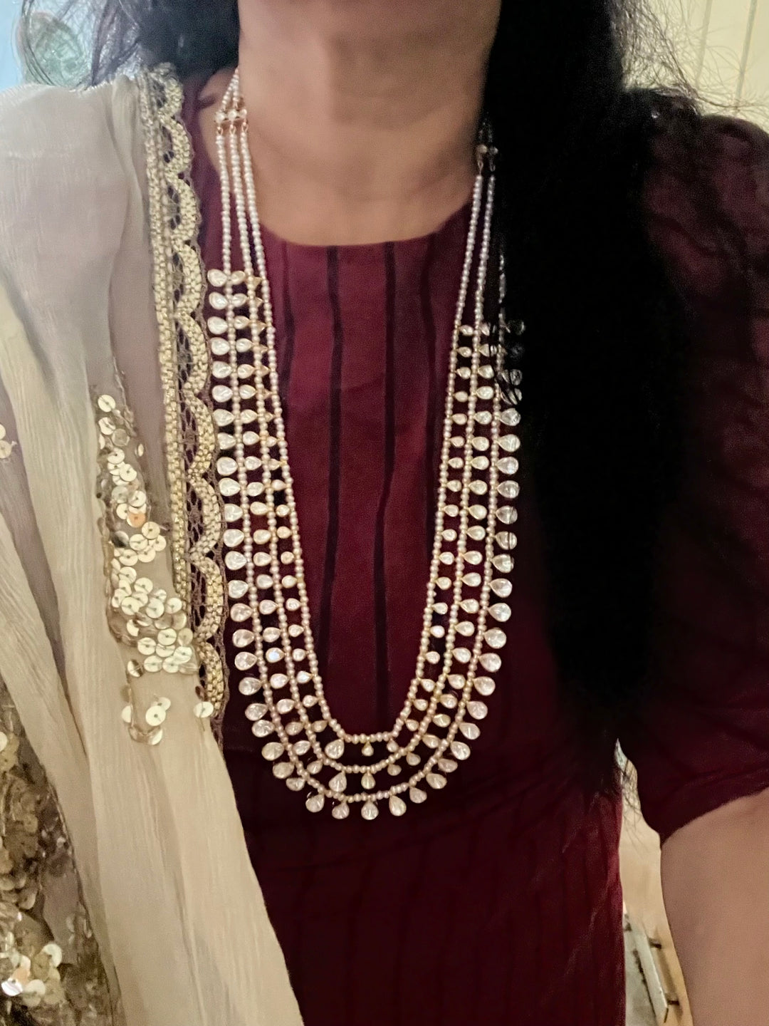 Three-Layered Kundan Freshwater Pearls 925 Silver Necklace