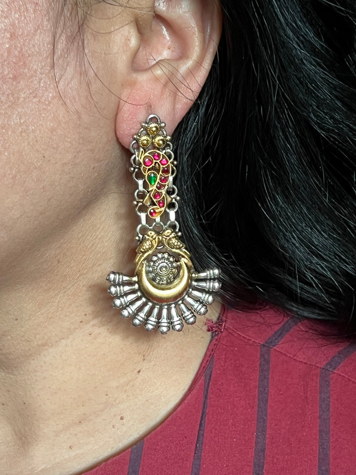 Statement 925 Silver Earrings with Golden Bird Design & Kundan Work - Handmade