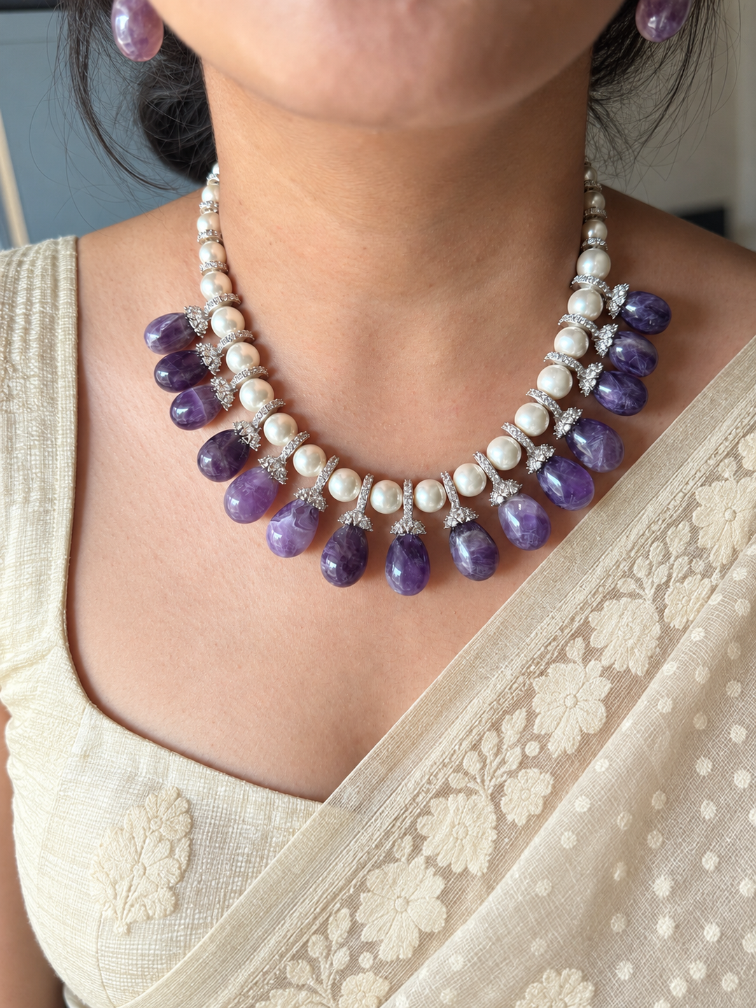 Purple Doublet and Pearl Cocktail Necklace Set