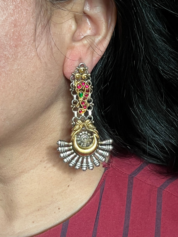Statement 925 Silver Earrings with Golden Bird Design & Kundan Work - Handmade