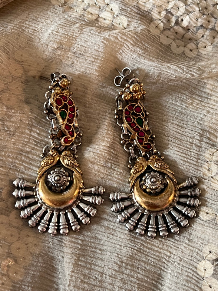 Statement 925 Silver Earrings with Golden Bird Design & Kundan Work - Handmade