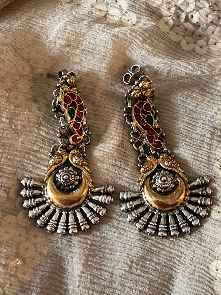 Statement 925 Silver Earrings with Golden Bird Design & Kundan Work - Handmade
