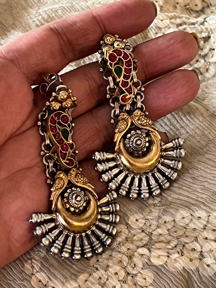 Statement 925 Silver Earrings with Golden Bird Design & Kundan Work - Handmade