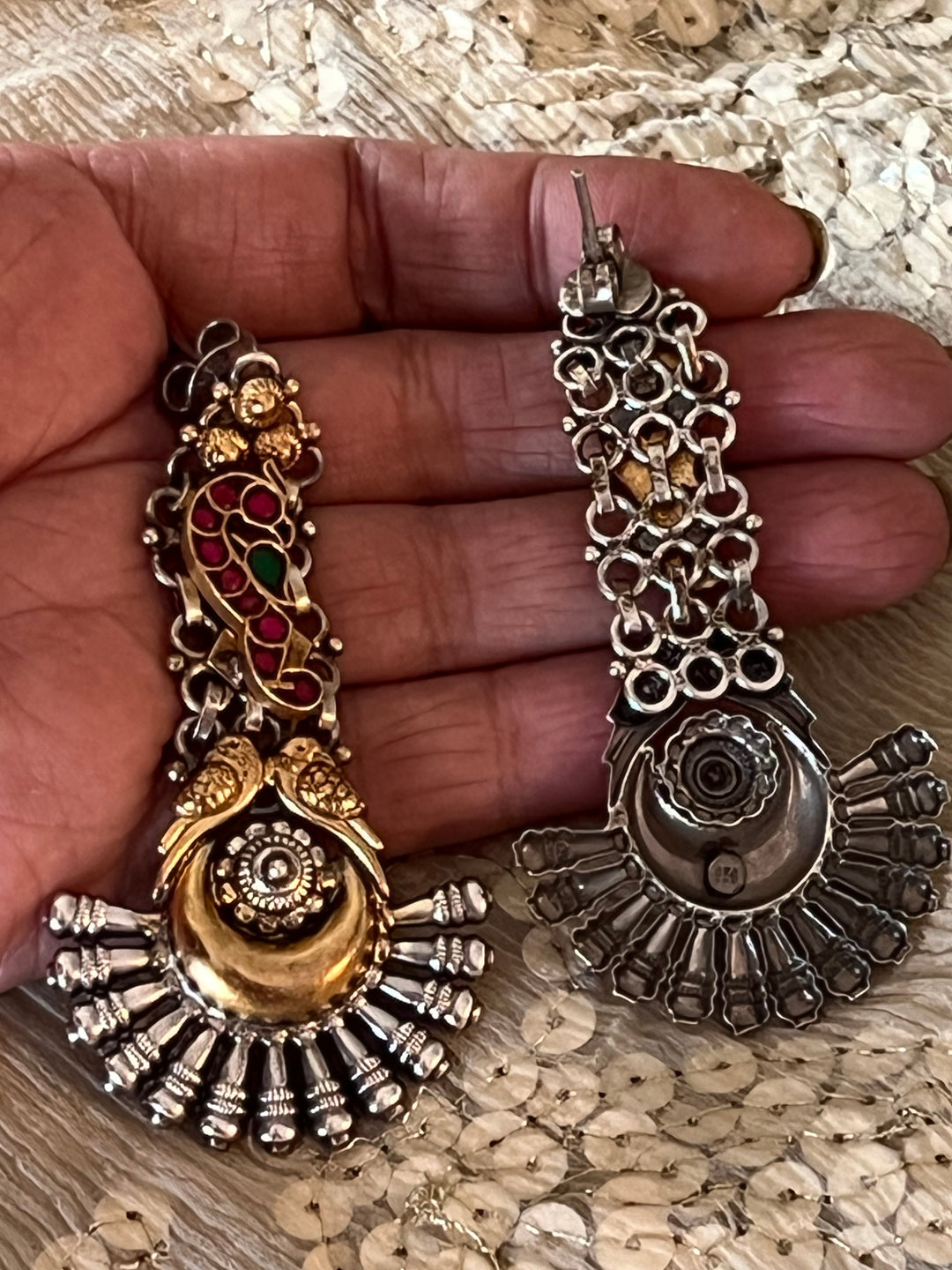 Statement 925 Silver Earrings with Golden Bird Design & Kundan Work - Handmade