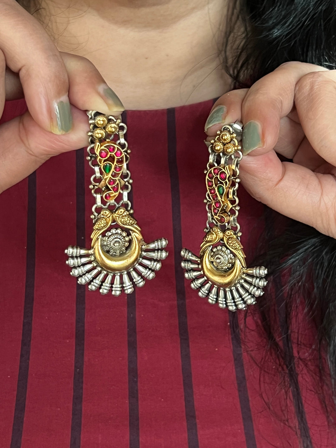 Statement 925 Silver Earrings with Golden Bird Design & Kundan Work - Handmade