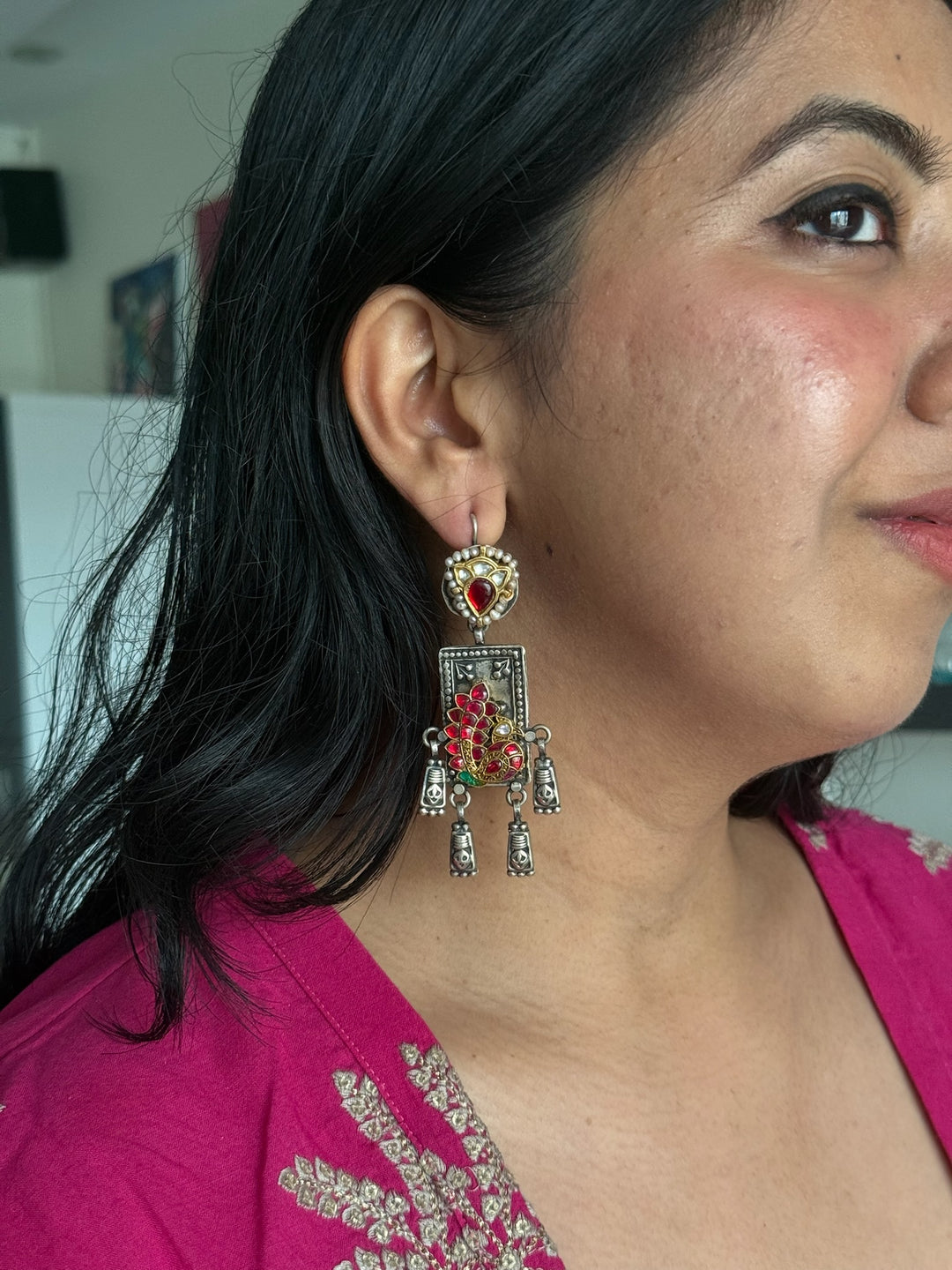 SHIVKA 925 Silver Peacock Fusion Earrings - Kundan