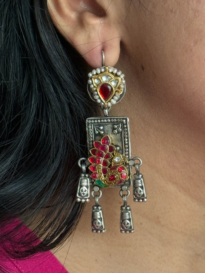 SHIVKA 925 Silver Peacock Fusion Earrings - Kundan